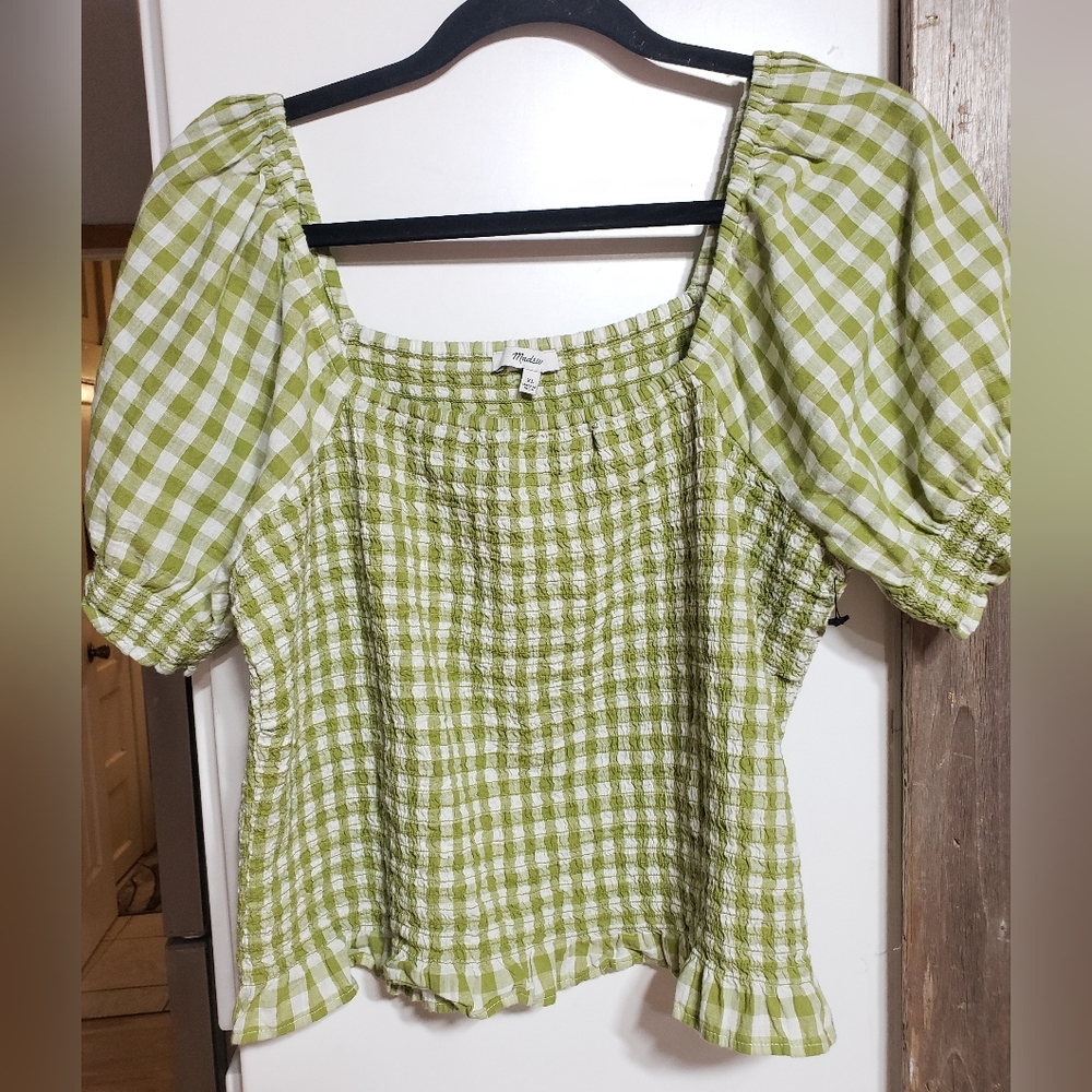 Madewell Green Gingham Smocked Puff-Sleeve Top